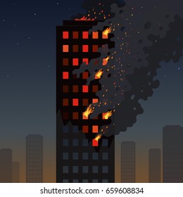 Fire of the skyscraper on a night cityscape. Flat burning tower of an apartment building. Orange flames in the windows and thick smoke with sparks. Useful for alarm visualization of a breaking news.