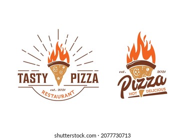 Fire with slice of pizza. Pizza restaurant logo illustration design template 