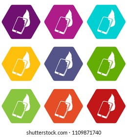Fire smartphone icons 9 set coloful isolated on white for web