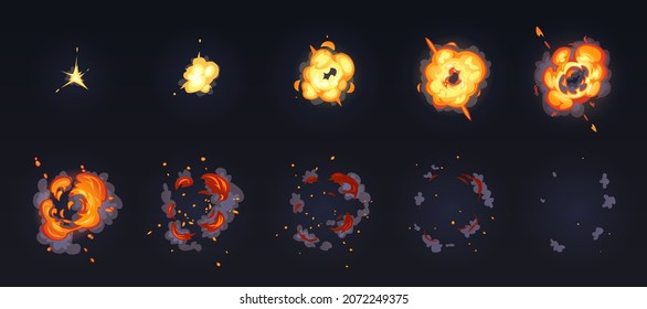 From Fire To Smoke Animation, Burning Blast Of Air Bomb Isolated Boom Bang Animated Set. Vector Radiation Demolition, Explode Of Gas, Atomic Weapon. Burst Effect, Fiery Cloud Explosion, Ignite Flame