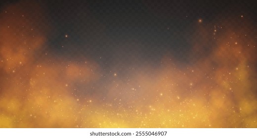 Fire smoke and flying fire particles sparks fierce flames fire, heat, grill, heat glow in a cloud isolated transparent vector. Hell fire with glowing ash.