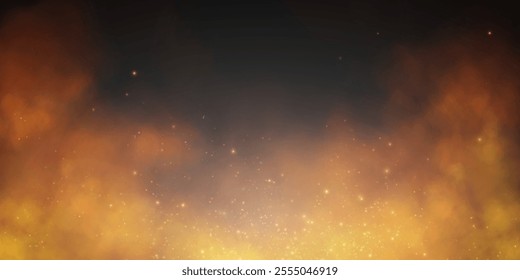 Fire smoke and flying fire particles sparks fierce flames fire, heat, grill, heat glow in a cloud isolated transparent vector. Hell fire with glowing ash.