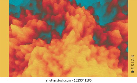 Fire and Smoke. Mosaic. 3d Perspective Grid Background Texture. Abstract Vector Illustration.