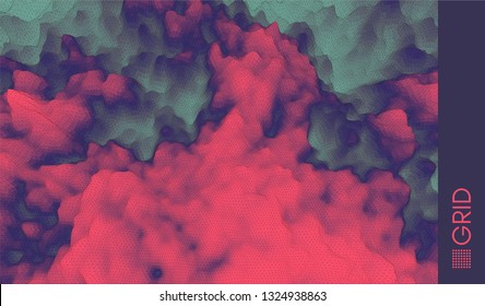 Fire and smoke. Mosaic. 3d perspective grid background texture. Abstract vector illustration.