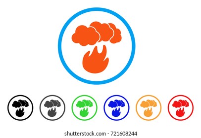 Fire With Smoke rounded icon. Style is a flat fire with smoke orange symbol inside light blue circle with black, gray, green, blue, red, orange versions.