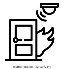 Sensor de fuego y humo cerca del icono de la línea de la puerta, símbolo inteligente del hogar, signo del vector del detector de humo inteligente sobre fondo blanco, estilo de contorno del icono del sistema de humo electrónico. Gráficos vectoriales.