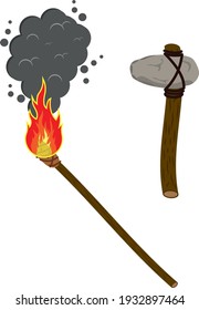 Fire, smoke, torch, stone ax. Symbols of ancient people.