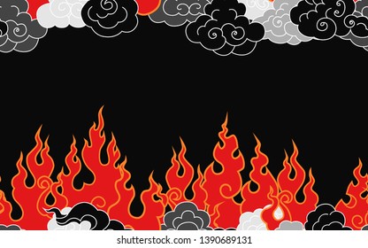 
Fire and smoke. Vector seamless pattern on a black background.