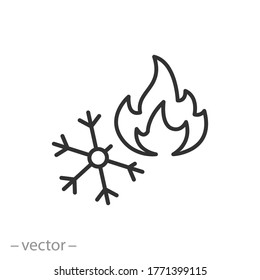 fuego con icono de copo de nieve, calor conceptual y frío, símbolo web de línea delgada sobre fondo blanco - ilustración de trazo editable eps10