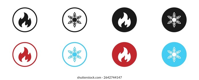 Fire and snowflake icon. Hot cold symbols. Fire and ice, temperature icon. Vector symbols. Vector illustration.