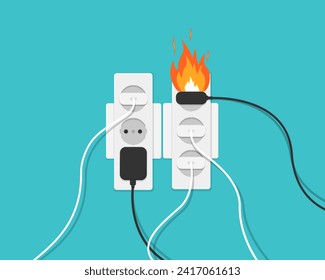 Fire in the socket. Electrical overload. Short circuit in the socket. Multi-socket adapter, electrical extension cord. The concept of electrical safety. Charger fire. Vector illustration.