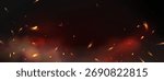 Fire spark background with glowing flame particles and smoke effect on dark surface. Burning flying embers in orange, yellow and red colors with motion blur and heat distortion. Hot burning bg.