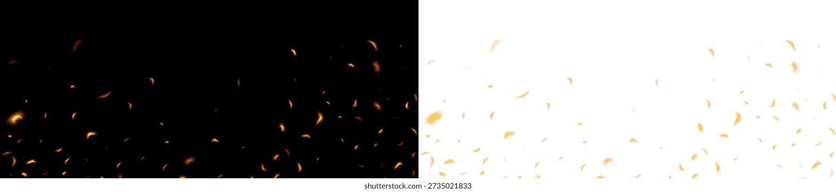 Fire spark background with glowing flame particles on transparent background. Hot burning bg. Flame with sparks, fire with flying cinder, abstract glowing embers, heat sparkles, bokeh fire texture. Vector illustration. 