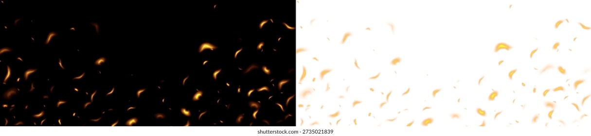 Fire spark background with glowing flame particles on transparent background. Hot burning bg. Flame with sparks, fire with flying cinder, abstract glowing embers, heat sparkles, bokeh fire texture. Vector illustration. 