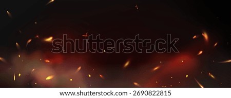 Fire spark background with glowing flame particles and smoke effect on dark surface. Burning flying embers in orange, yellow and red colors with motion blur and heat distortion. Hot burning bg.