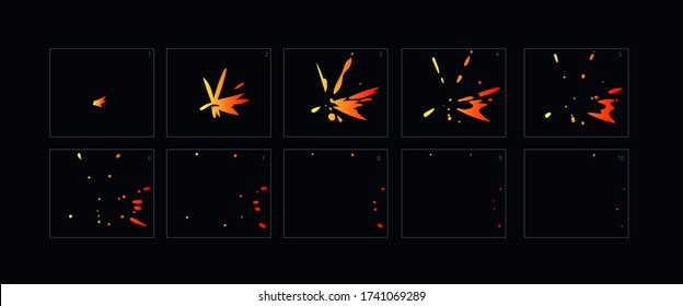 Fire Spark Effect Animation . Firework Sprite Sheet For Games, Cartoon Or Animation. Set Of Freams Animation Effect. – Vector

