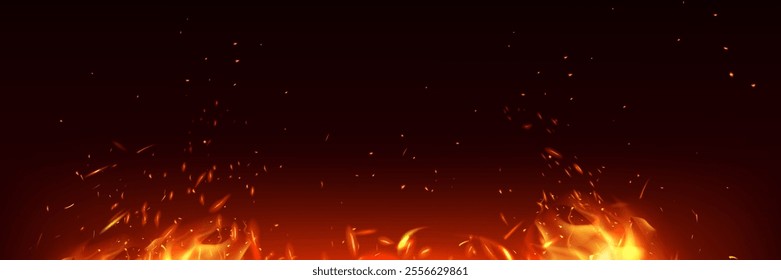 Fire spark effect background. Red grill and burn sparkle from hell vector. Abstract hot bonfire glow with flying ember element. Realistic fiery particle for night fireplace illustration. Bright flare