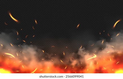 Fire spark or flame overlay with smoke or fume background, burning effect with flying ash and glowing red particle in the air, fog weather, sky cloud texture and vapor with stardust. Fire burn smoke.