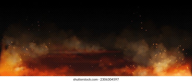 Fire spark overlay with smoke and flame background. Grill heat glow in cloud isolated transparent vector. Realistic flying orange sparkle abstract illustration. Hell bonfire fiery with hot cinder