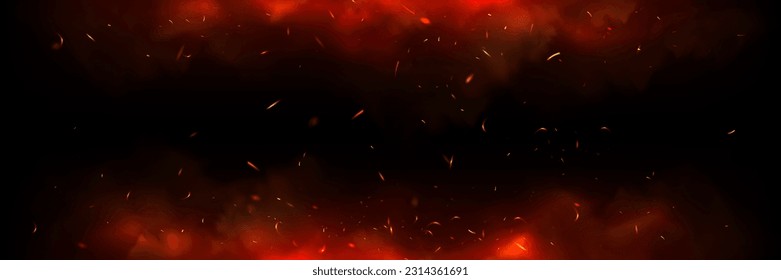 Fire spark overlay with smoke and flame background. Grill heat glow in cloud isolated transparent vector border. Realistic flying red sparkle abstract illustration. Hell bonfire fiery with hot cinder