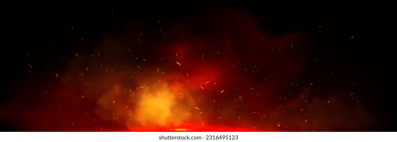 Fire spark overlay with smoke and flame background. Grill heat glow in cloud isolated transparent vector. Realistic flying orange sparkle abstract illustration. Hell bonfire fiery with hot cinder