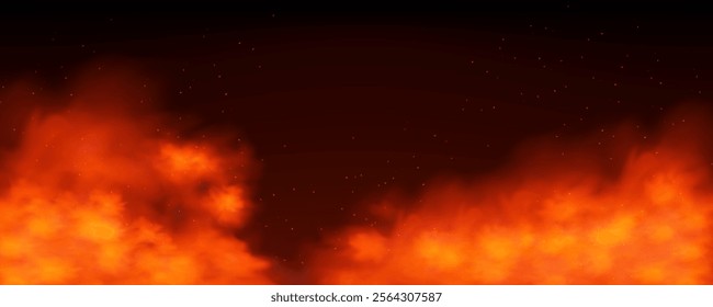 Fire Spark Overlay with Smoke and Flame Background. Fiery Grill Heat Glow with Smoke and Sparkles. Fire Spark Effects with Hot Cinders. Vector.