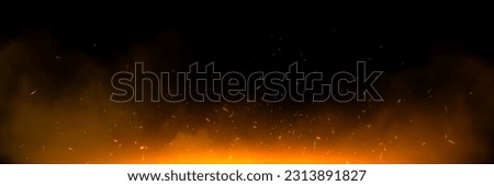 Fire spark overlay with smoke and flame background. Grill heat glow in cloud isolated transparent vector. Realistic flying orange sparkle abstract illustration. Hell bonfire fiery with hot cinder