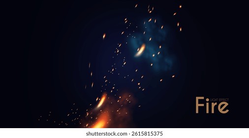Fire and sparkles light effect with fog. Coal-fired forge. Abstract transparent light effect