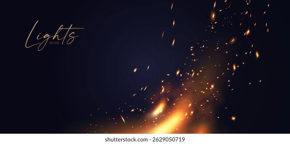 Fire and sparkles light effect with fog. Coal-fired forge. Abstract transparent light effect