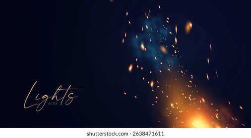 Fire and sparkles light effect with fog. Coal-fired forge. Abstract transparent light effect
