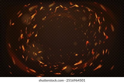 Faíscas de fogo. Efeito de luz círculo de fogo abstrato com faíscas no fundo preto, quadro de movimento de espiral de anel ardente, buraco de ilustração de vetor de inferno.