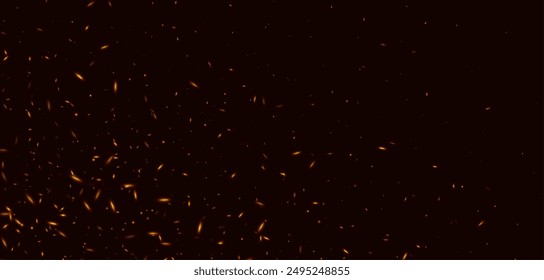 Fire sparks, abstract glowing embers, heat sparkles, flying flame cinder, bokeh fire texture. Vector illustration.