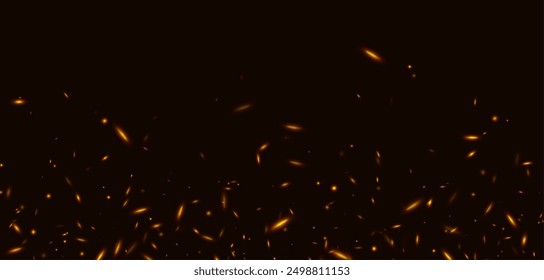 Fire sparks, abstract glowing embers, heat sparkles, flying flame cinder, bokeh fire texture. Vector illustration.