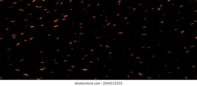 Fire sparks, abstract glowing embers, heat sparkles, flying flame cinder, bokeh fire texture. Vector illustration.