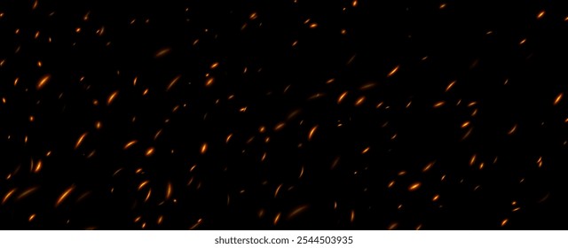 Fire sparks, abstract glowing embers, heat sparkles, flying flame cinder, bokeh fire texture. Vector illustration.