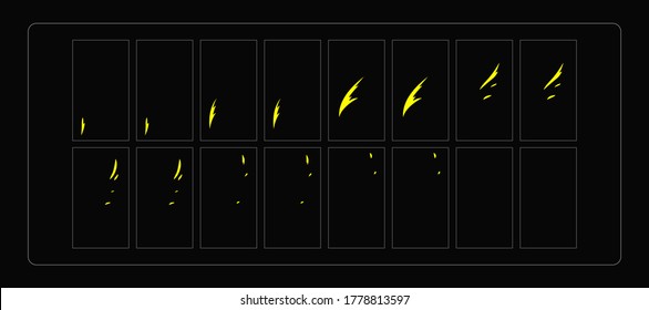 Fire sparks animation. Flame effect sprites sheet for games, video, animation or motion design. Colorful cartoon sparks animation. EPS-10 vector illustration.