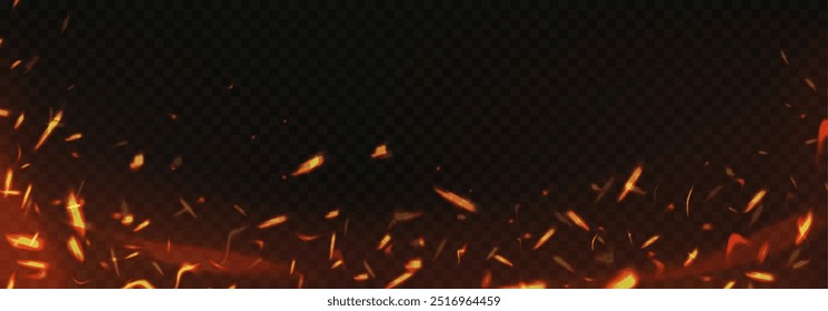 Fire sparks background. Burning glowing particles frame, embers burning cinder. Flame of fire with sparks. Vector texture.