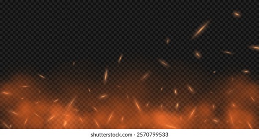 Fire sparks background with effect of smoke and flame. Realistic flying orange sparkles. Abstract vector illustration.