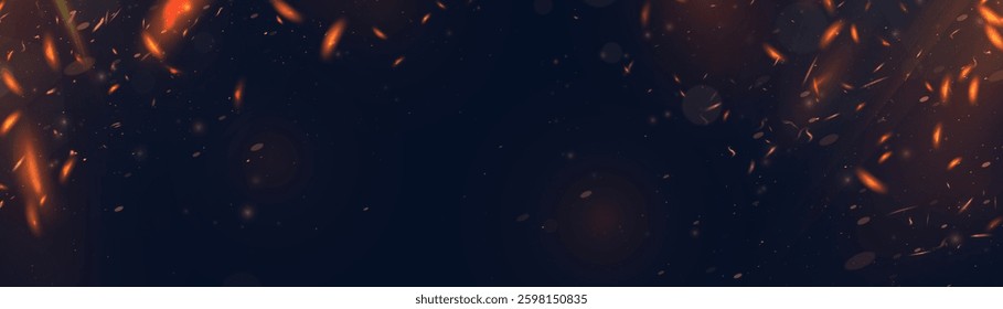 Fire sparks background. Sparks fly up. Glowing fire flickering particles on black background