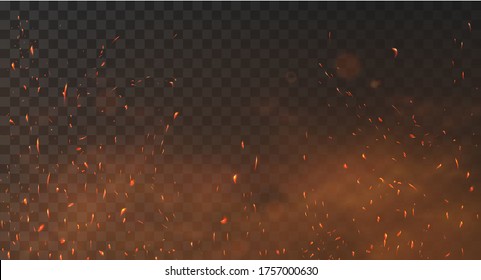 Fire Sparks Background On A Transparent Background. Burning Hot Sparks, Embers Burning Cinder And Smoke Flying In The Air. Realistic Heat Effect With Glow And Sparks From Bonfire. Flying Up Embers

