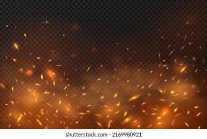 Fire sparks background on transparent. Vector hot sparks, embers burning cinder and smoke flying in air. Realistic heat effect with glow and sparks from bonfire. Flying up fiery particles