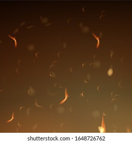 Fire sparks black background. Burning luminous particles. Flames of fire with sparks in the air at night. Firestorm texture. Vector illustration on black background.