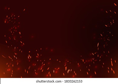 Fire sparks burning against dark background. Red hot particles flying in the air. Blazing flame rising up. Motion of dust glowing pieces. Firestorm sparkle effect with bokeh lights. 