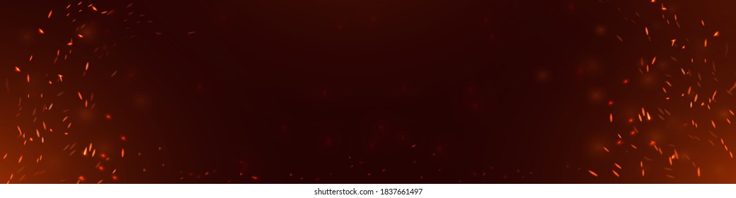 Fire sparks burning against dark background. Red hot particles flying in the air. Blazing flame rising up. Motion of dust glowing pieces. Firestorm sparkle effect with bokeh lights.