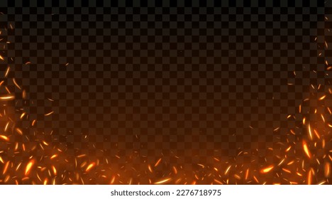 Fire sparks. Burning flame with sparkles. Black hell lights. Grill effect from bonfire. Heat from wood. Red power. Combustion backdrop. Vector realistic neoteric transparent background