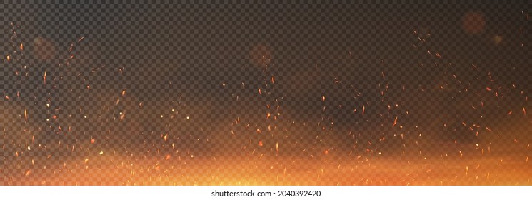 Fire sparks effect, background overlay with smoke sparks and fire particles. Realistic effect of flame in bonfire, from blacksmith works or hell. Flying up embers with glow. Vector overlay effect