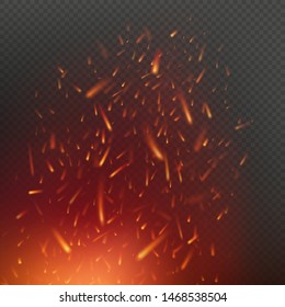 Fire sparks effect flying up with glowing particles in air over dark transparent background. EPS 10