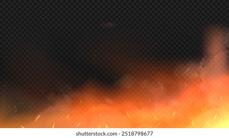 Fire with sparks. Explosion and destruction. Infermo flame with sparkles. Danger and extreme. Burnt metal and smoke. Realistic vector illustration isolated on transparent background