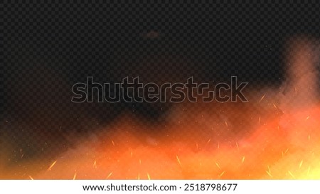 Fire with sparks. Explosion and destruction. Infermo flame with sparkles. Danger and extreme. Burnt metal and smoke. Realistic vector illustration isolated on transparent background