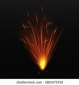 Fire sparks explosion or festive sparkler light realistic vector illustration isolated on dark transparent background. Glowing and shining abstract effect.
